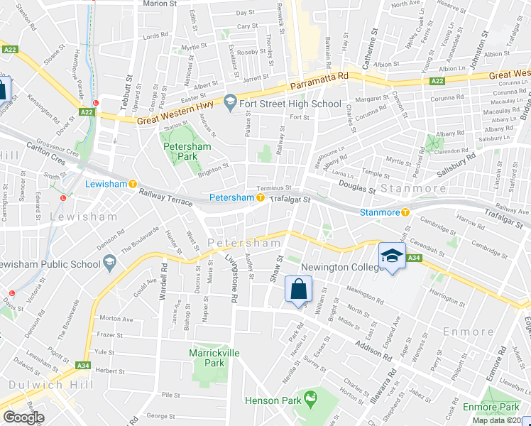 map of restaurants, bars, coffee shops, grocery stores, and more near 287 Trafalgar Street in Petersham