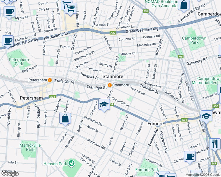 map of restaurants, bars, coffee shops, grocery stores, and more near 2 Holt Street in Stanmore