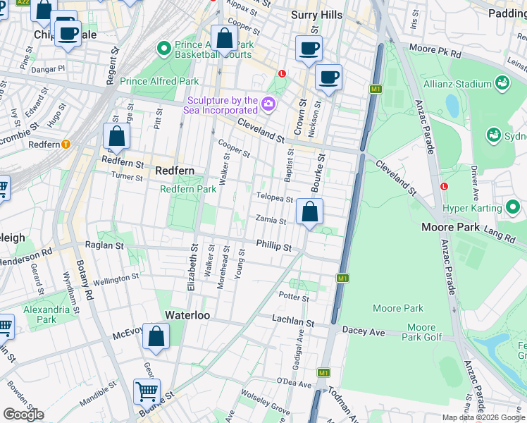 map of restaurants, bars, coffee shops, grocery stores, and more near 68 Marriott Street in Redfern