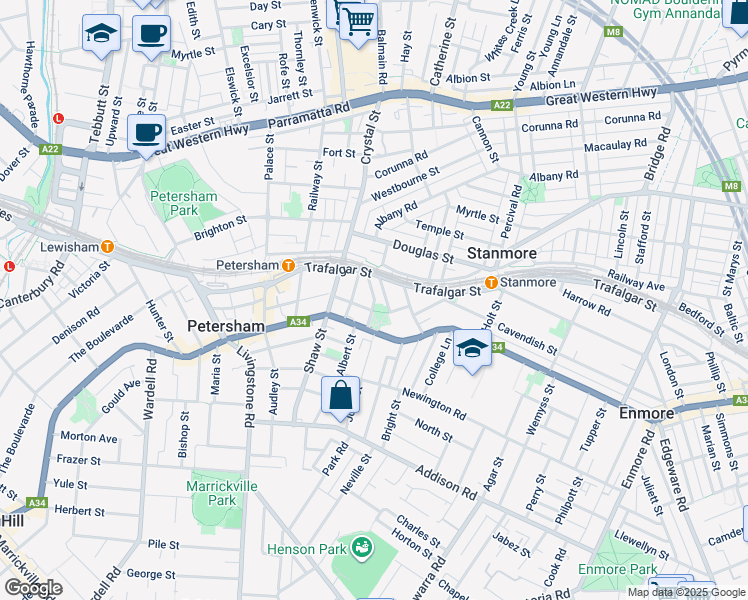map of restaurants, bars, coffee shops, grocery stores, and more near Hopetoun Street in Petersham