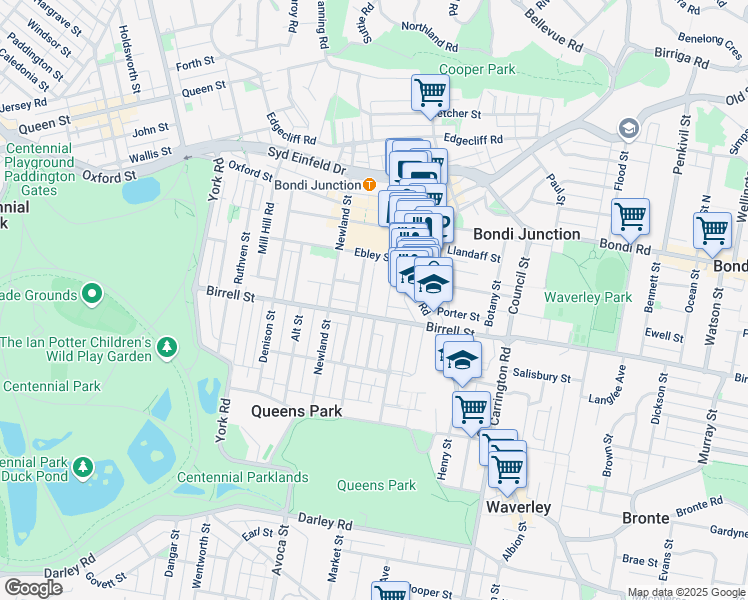 map of restaurants, bars, coffee shops, grocery stores, and more near 54 MacKenzie Street in Bondi Junction