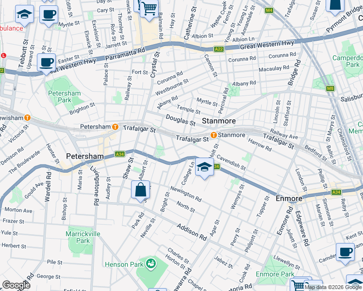 map of restaurants, bars, coffee shops, grocery stores, and more near 6 Aubrey Street in Stanmore