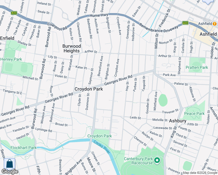 map of restaurants, bars, coffee shops, grocery stores, and more near 122-132 Georges River Road in Croydon Park