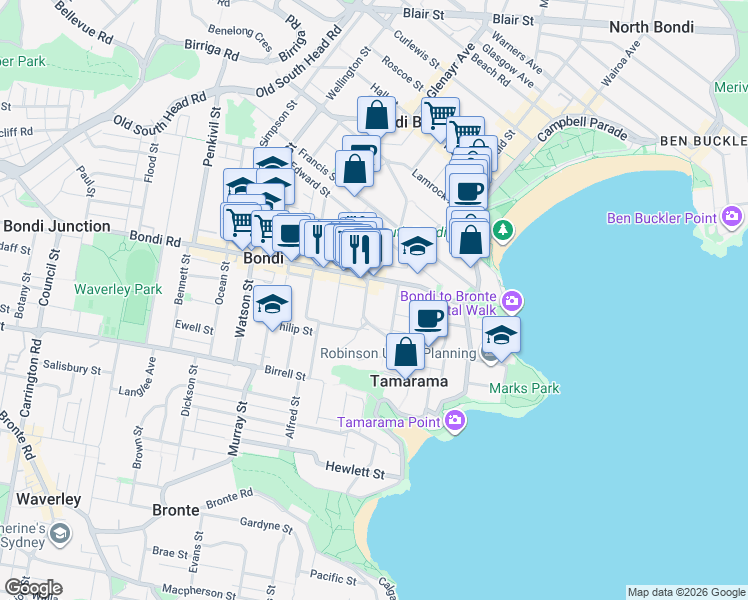 map of restaurants, bars, coffee shops, grocery stores, and more near 15-17 Denham Street in Bondi
