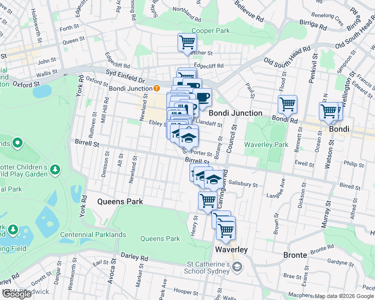 map of restaurants, bars, coffee shops, grocery stores, and more near 110 Bronte Road in Bondi Junction