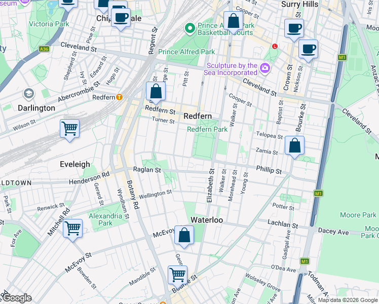 map of restaurants, bars, coffee shops, grocery stores, and more near 277 Chalmers Street in Redfern