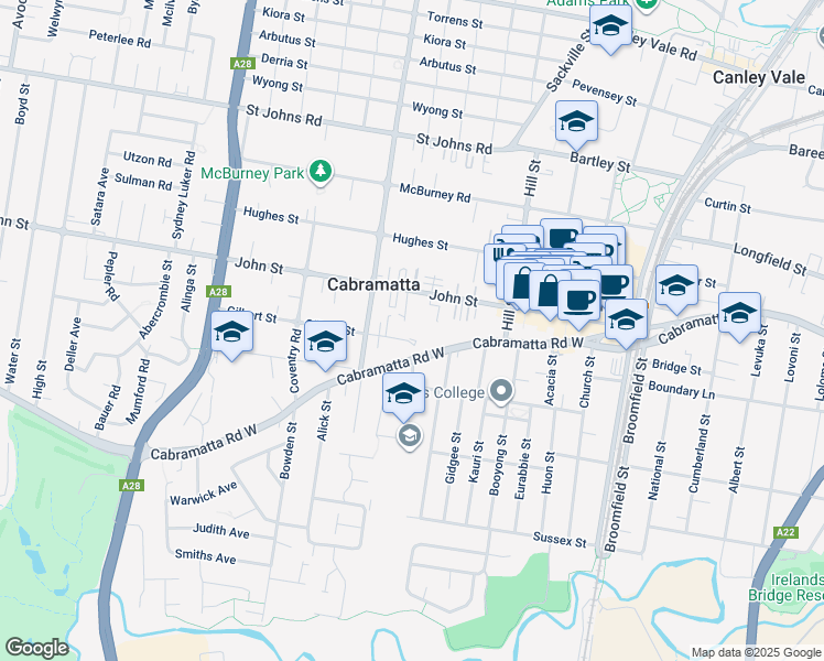 map of restaurants, bars, coffee shops, grocery stores, and more near 3-5 Gilbert Street in Cabramatta