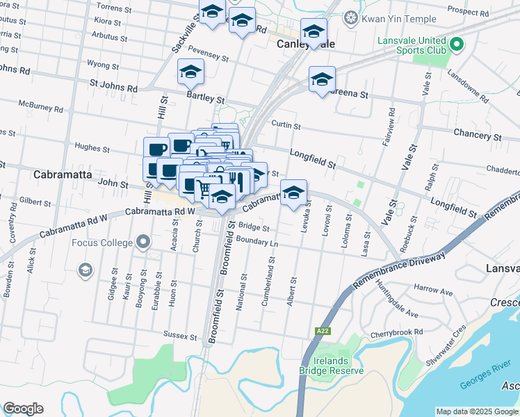 map of restaurants, bars, coffee shops, grocery stores, and more near 120 Cabramatta Road East in Cabramatta