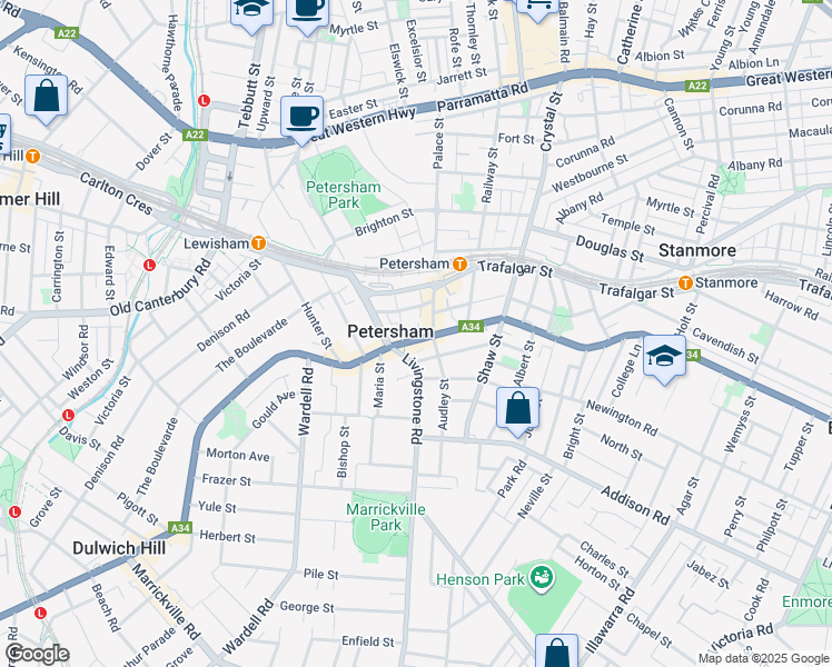 map of restaurants, bars, coffee shops, grocery stores, and more near 39 New Canterbury Road in Petersham