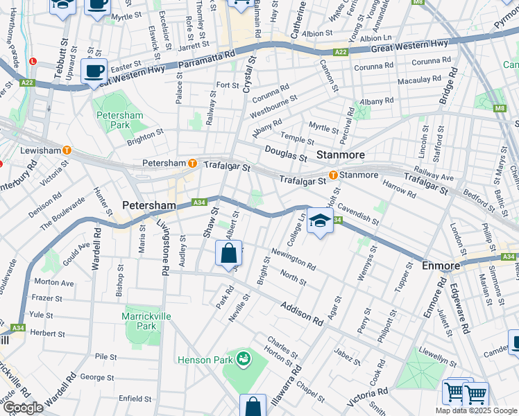 map of restaurants, bars, coffee shops, grocery stores, and more near 301 Stanmore Road in Petersham
