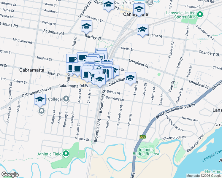 map of restaurants, bars, coffee shops, grocery stores, and more near 15 Bridge Street in Cabramatta
