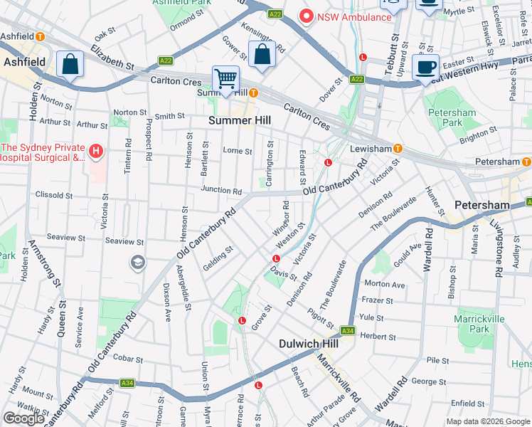map of restaurants, bars, coffee shops, grocery stores, and more near 12 Blairgowrie Street in Dulwich Hill