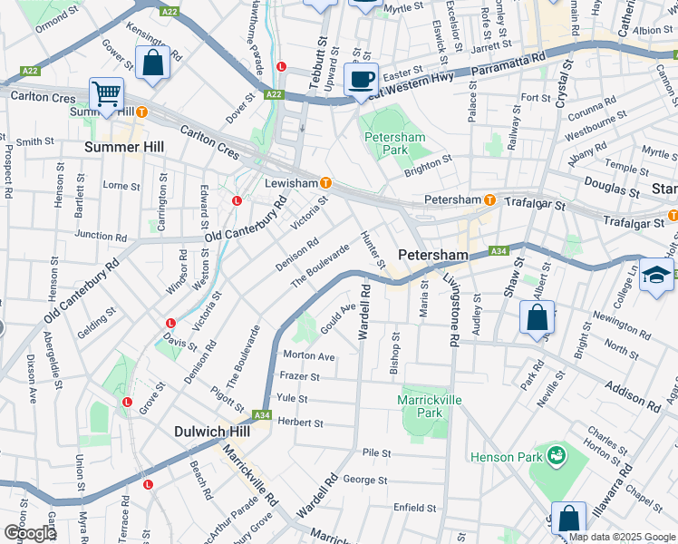 map of restaurants, bars, coffee shops, grocery stores, and more near 213 New Canterbury Road in Lewisham