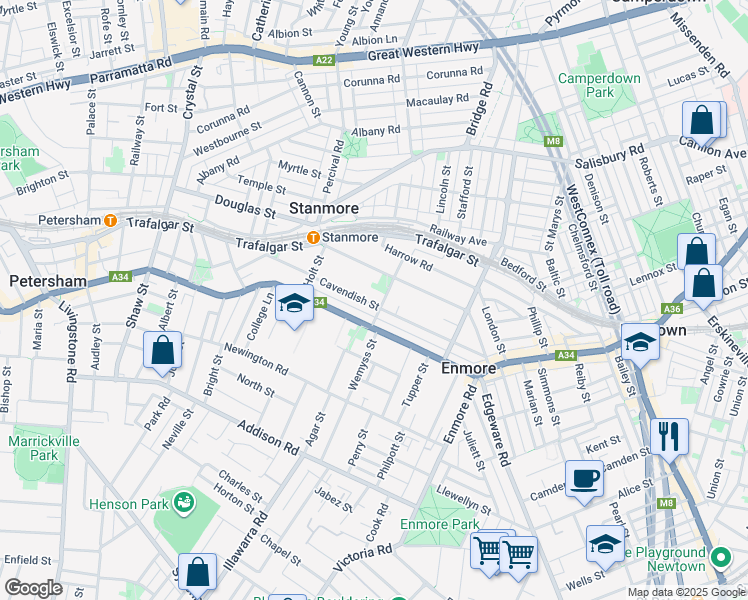 map of restaurants, bars, coffee shops, grocery stores, and more near 107 Cavendish Street in Stanmore