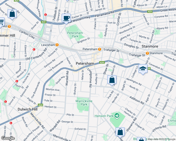 map of restaurants, bars, coffee shops, grocery stores, and more near 11 Livingstone Road in Petersham