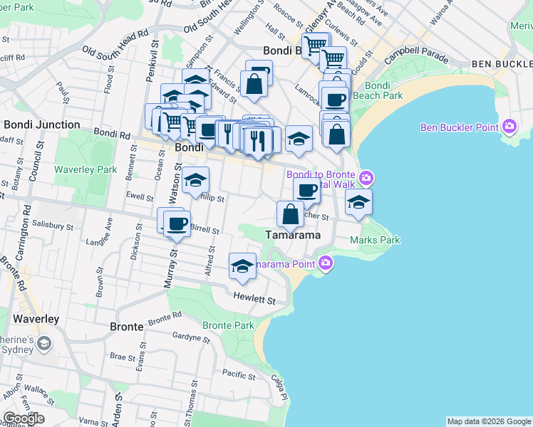 map of restaurants, bars, coffee shops, grocery stores, and more near 9 Wonderland Avenue in Tamarama