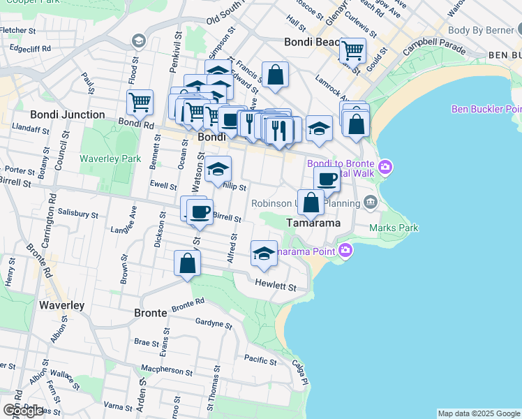 map of restaurants, bars, coffee shops, grocery stores, and more near 20 Illawong Avenue in Tamarama