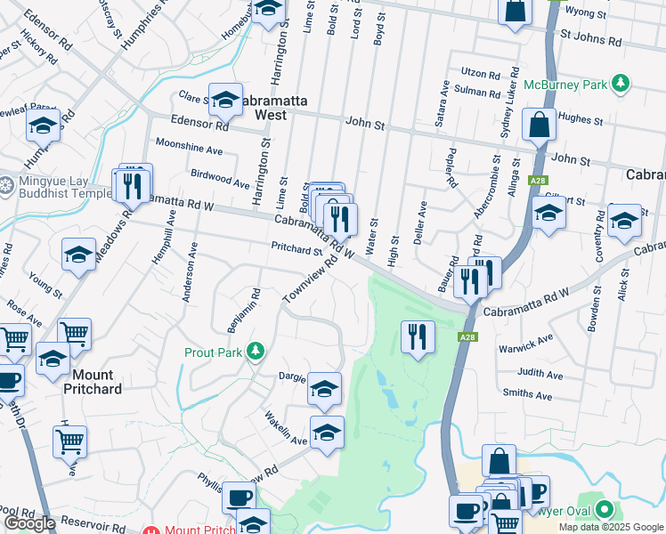map of restaurants, bars, coffee shops, grocery stores, and more near 6 Townview Road in Mount Pritchard