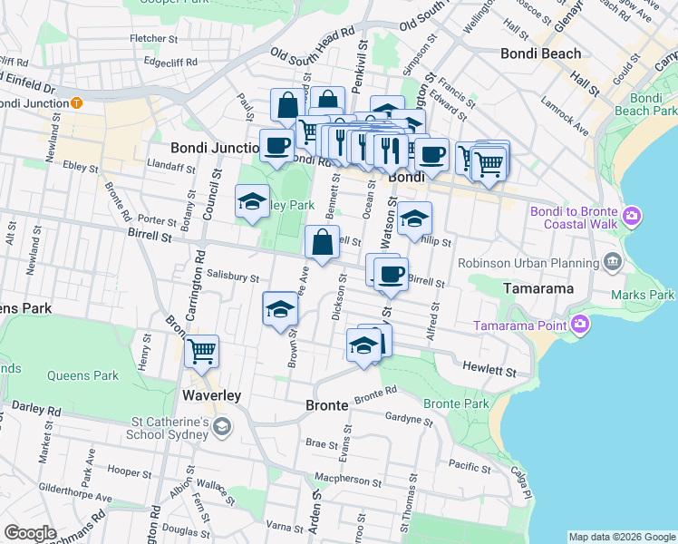 map of restaurants, bars, coffee shops, grocery stores, and more near 207 Birrell Street in Waverley