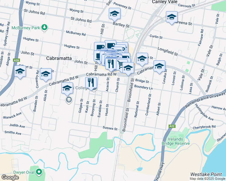 map of restaurants, bars, coffee shops, grocery stores, and more near 1 Bolivia Street in Cabramatta