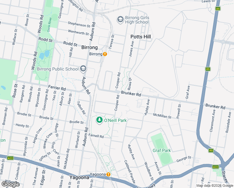 map of restaurants, bars, coffee shops, grocery stores, and more near 101 Brunker Road in Yagoona