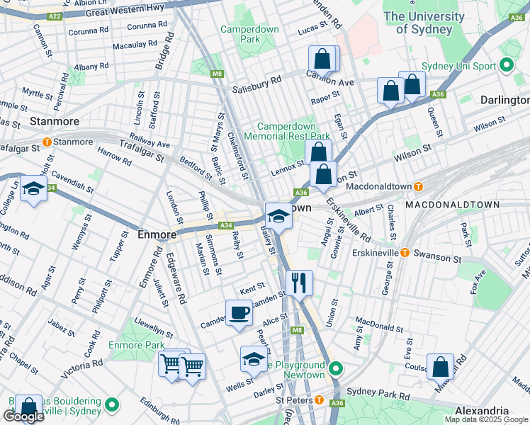 map of restaurants, bars, coffee shops, grocery stores, and more near 21 Enmore Road in Newtown