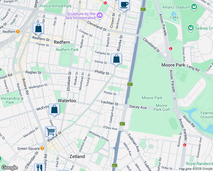 map of restaurants, bars, coffee shops, grocery stores, and more near 798 Bourke Street in Waterloo