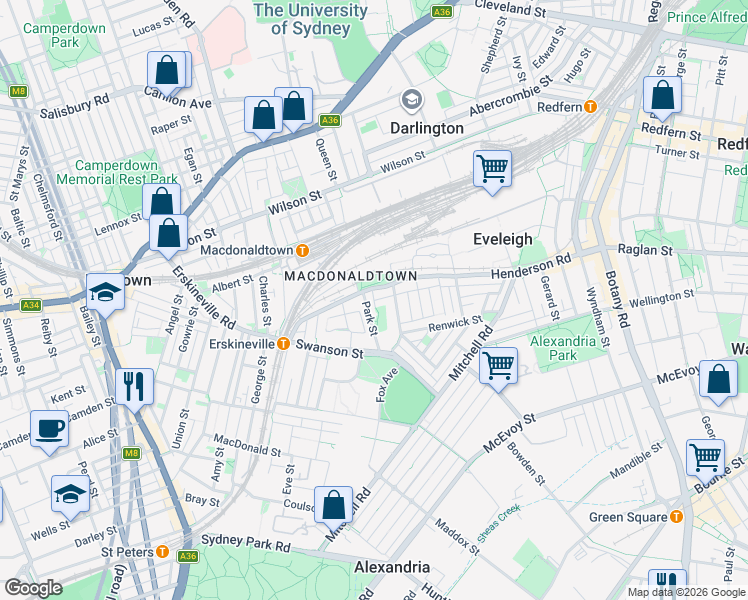 map of restaurants, bars, coffee shops, grocery stores, and more near Monks Lane in Erskineville
