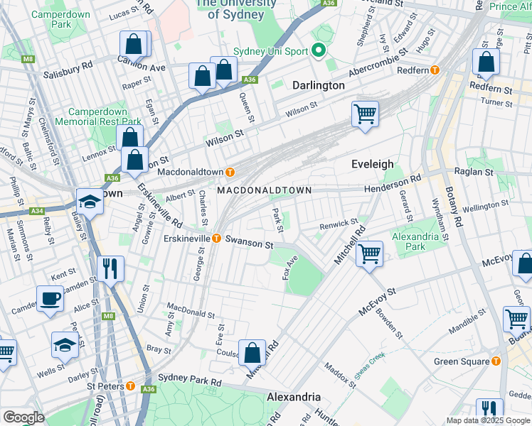 map of restaurants, bars, coffee shops, grocery stores, and more near 127 Railway Parade in Erskineville
