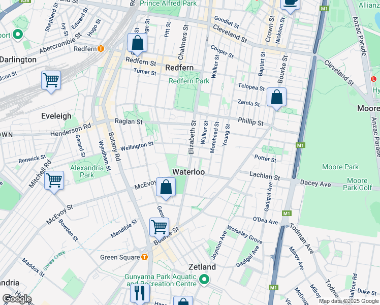 map of restaurants, bars, coffee shops, grocery stores, and more near 3B Elizabeth Street in Waterloo