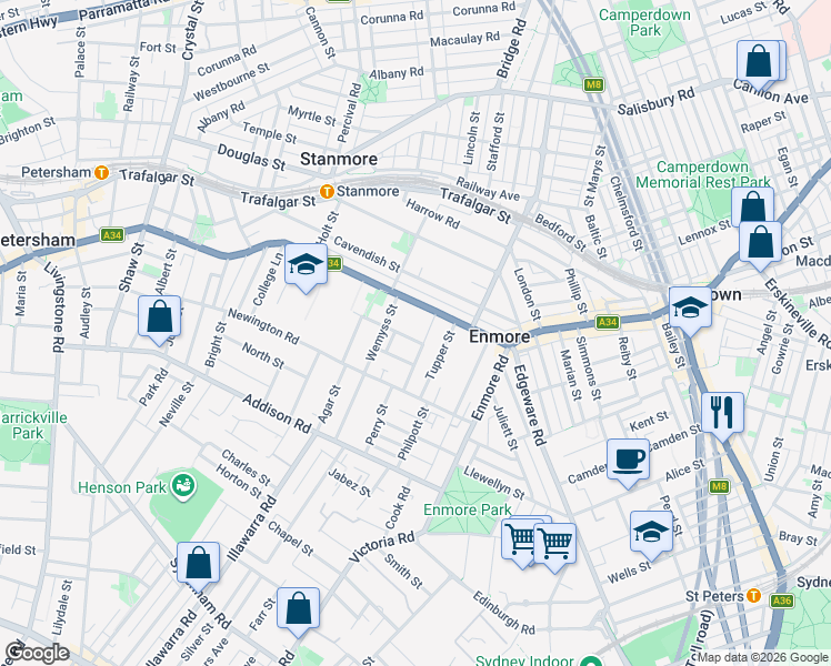 map of restaurants, bars, coffee shops, grocery stores, and more near 7 Harrington Street in Enmore