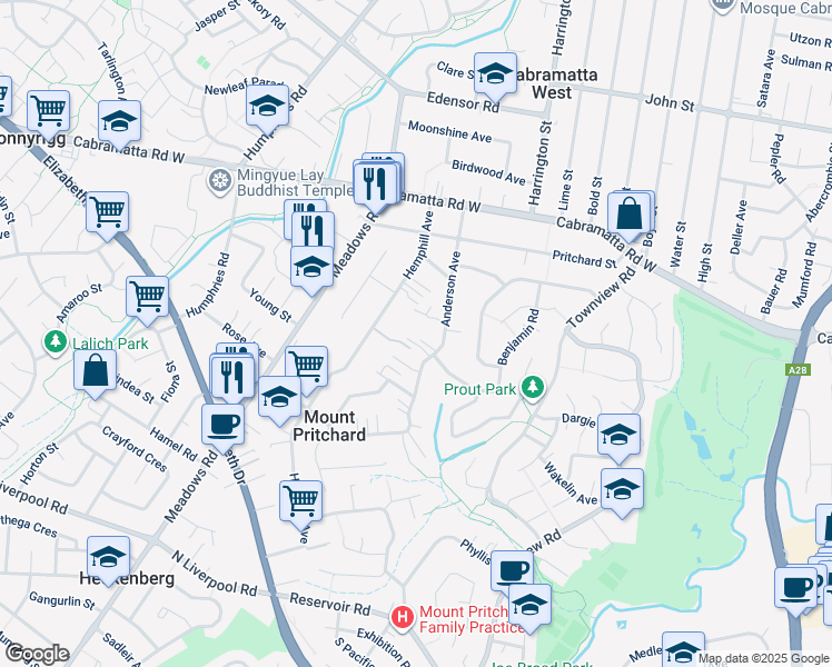 map of restaurants, bars, coffee shops, grocery stores, and more near 35 Anderson Avenue in Mount Pritchard