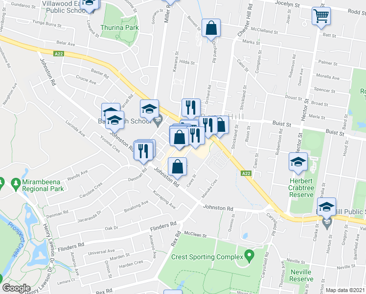map of restaurants, bars, coffee shops, grocery stores, and more near 753 Hume Highway in Bass Hill