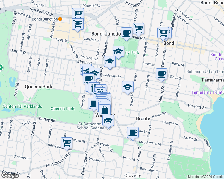 map of restaurants, bars, coffee shops, grocery stores, and more near 17B O'Dowd Street in Waverley