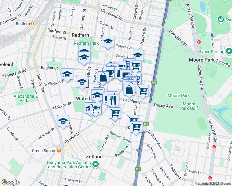 map of restaurants, bars, coffee shops, grocery stores, and more near 903-921 Bourke Street in Waterloo