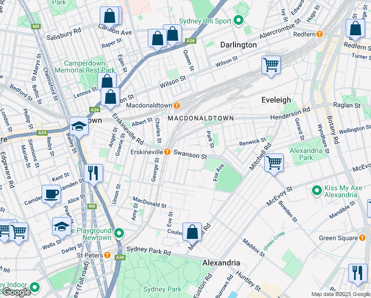 map of restaurants, bars, coffee shops, grocery stores, and more near 40 Sydney Street in Erskineville