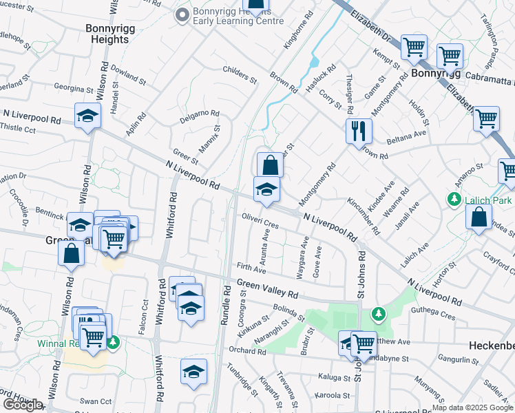 map of restaurants, bars, coffee shops, grocery stores, and more near 11 Taminga Road in Green Valley