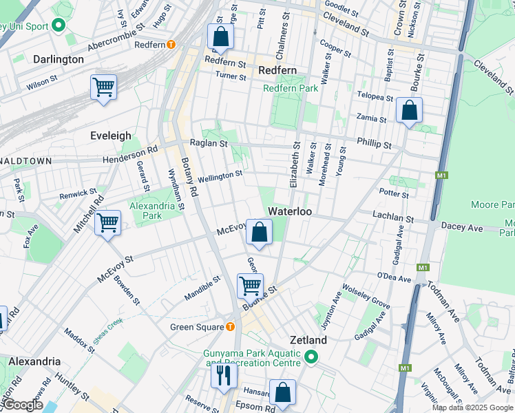 map of restaurants, bars, coffee shops, grocery stores, and more near 33 John Street in Waterloo