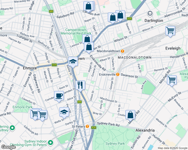 map of restaurants, bars, coffee shops, grocery stores, and more near 58 Gowrie Street in Newtown