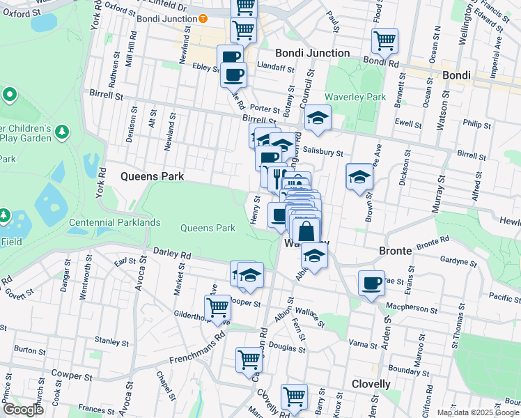 map of restaurants, bars, coffee shops, grocery stores, and more near 16 Henry Street in Queens Park