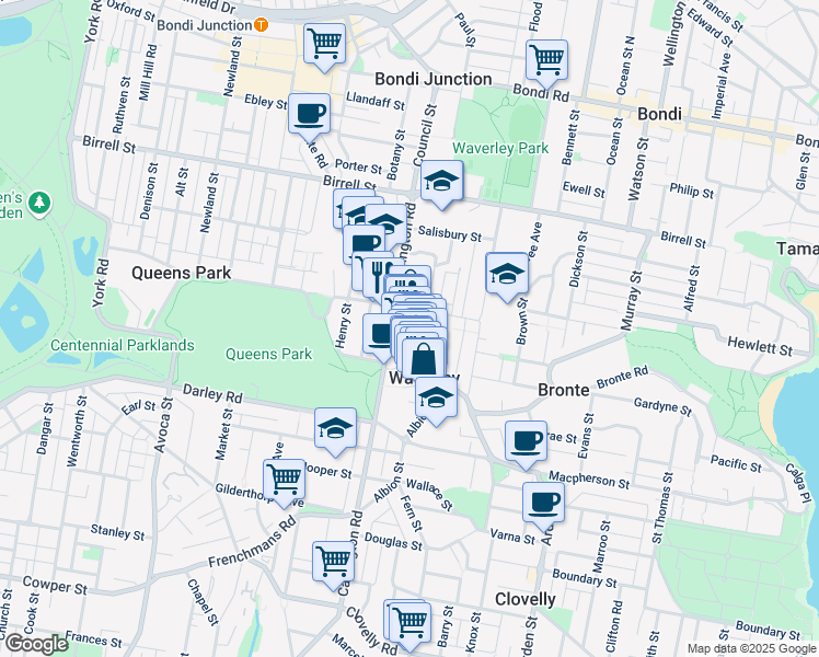 map of restaurants, bars, coffee shops, grocery stores, and more near 274 Bronte Road in Waverley