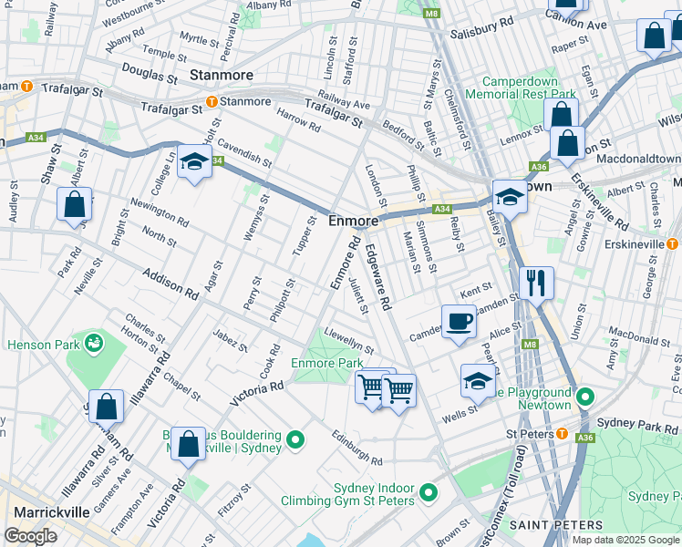 map of restaurants, bars, coffee shops, grocery stores, and more near Enmore Road in Enmore