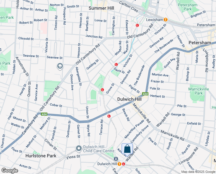 map of restaurants, bars, coffee shops, grocery stores, and more near 24 Grove Street in Dulwich Hill