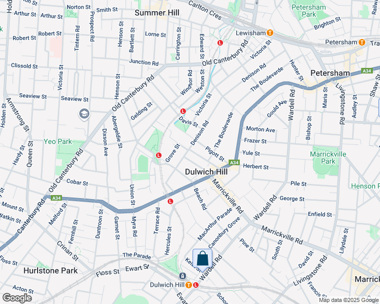 map of restaurants, bars, coffee shops, grocery stores, and more near 193 Denison Road in Dulwich Hill