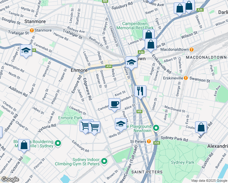map of restaurants, bars, coffee shops, grocery stores, and more near 62 Margaret Street in Newtown