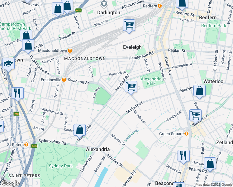map of restaurants, bars, coffee shops, grocery stores, and more near 106 Mitchell Road in Alexandria