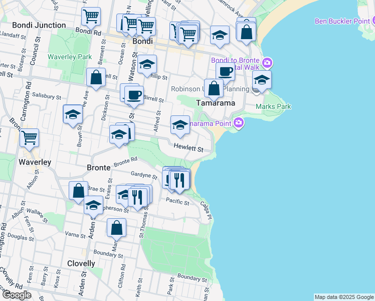map of restaurants, bars, coffee shops, grocery stores, and more near 99 Hewlett Street in Bronte
