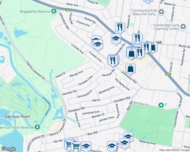 map of restaurants, bars, coffee shops, grocery stores, and more near 37 Caroline Crescent in Georges Hall