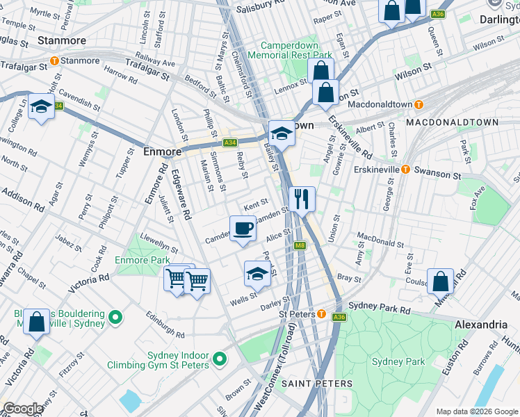 map of restaurants, bars, coffee shops, grocery stores, and more near 8-12 Kent Street in Newtown