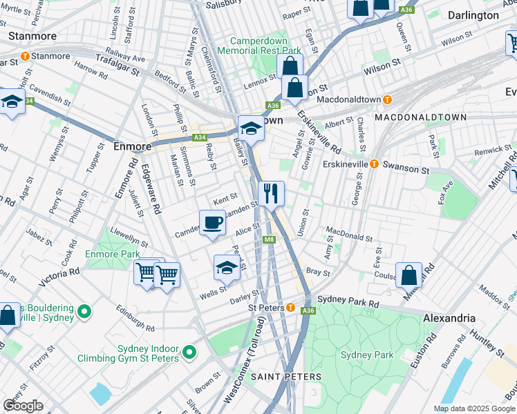 map of restaurants, bars, coffee shops, grocery stores, and more near 6 Camden Street in Newtown